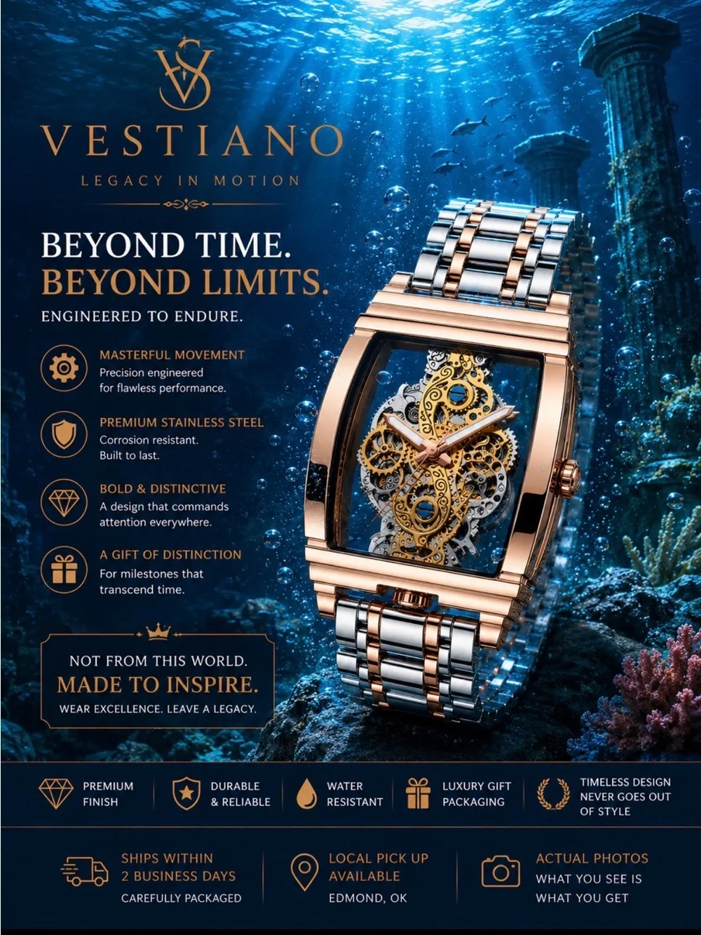 Vesti Rose Gold and Silver Skeleton Mechanical Watch